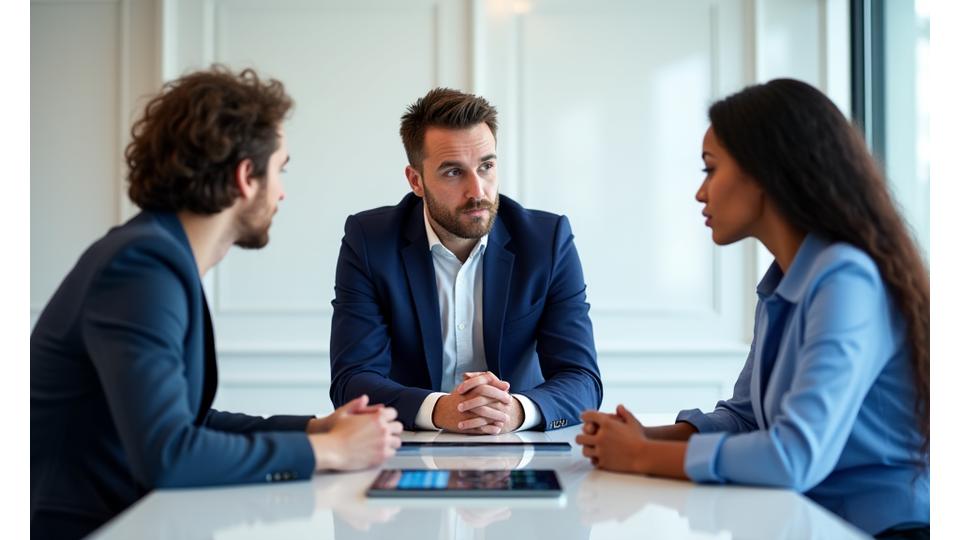 Healthcare executives and a recruitment consultant engaged in a strategic discussion, looking at a tablet with data visualization.